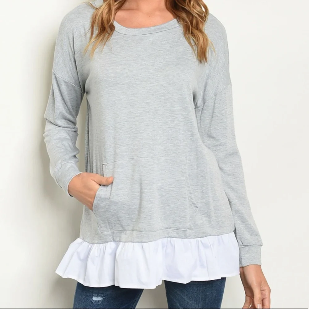 Grey & White Ruffled Hem Tunic Top - Picture 6 of 7